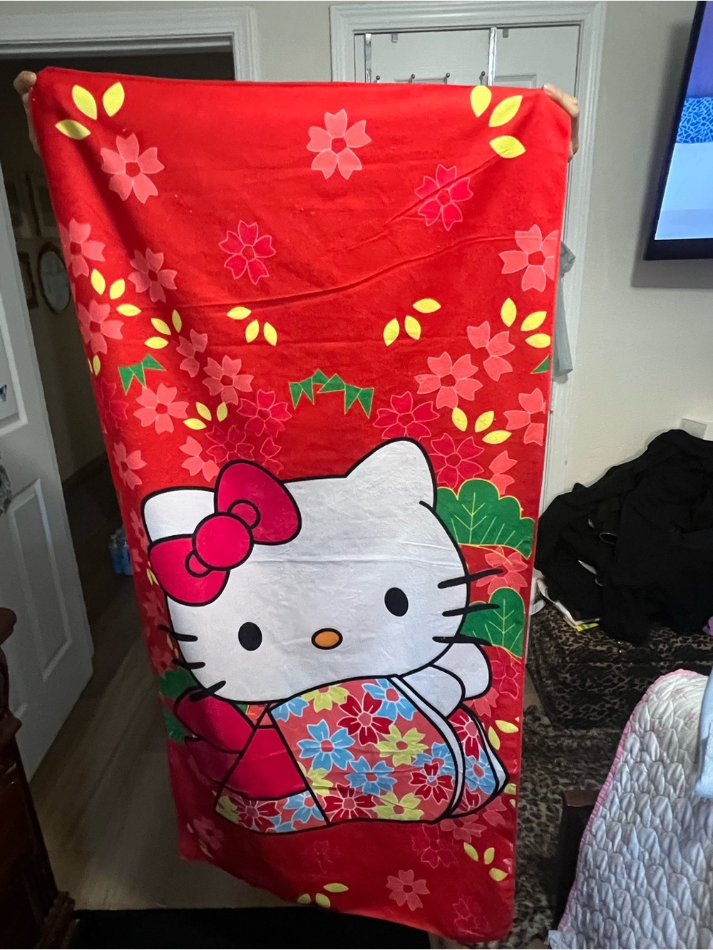 Hello Kitty Red Floral Plush Throw Towel